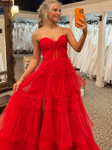 A Line Strapless Ruffle Red Tulle Long Prom Dresses, Long Red Formal Graduation Evening Dresses SP3219