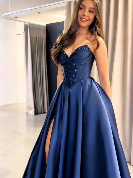 A Line Strapless Sequins Blue Satin Long Prom Dresses, Long Formal Graduation Evening Dresses with Slit SP3515