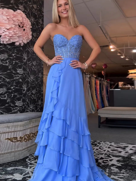 A Line Strapless Sweetheart Neck Blue Lace Long Prom Dresses with Slit, Blue Lace Formal Graduation Evening Dresses SP3268