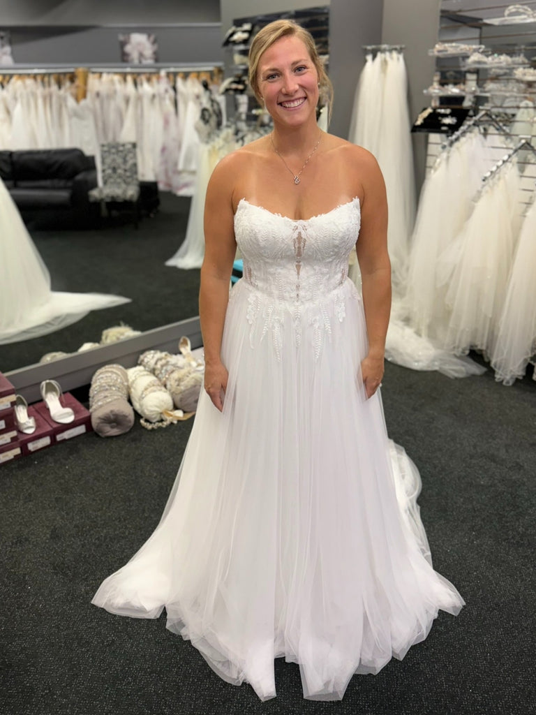 A Line Strapless White Lace Long Prom Dresses, White Lace Formal Dresses, White Evening Dresses SP3429