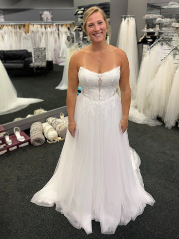 A Line Strapless White Lace Long Prom Dresses, White Lace Formal Dresses, White Evening Dresses SP3429