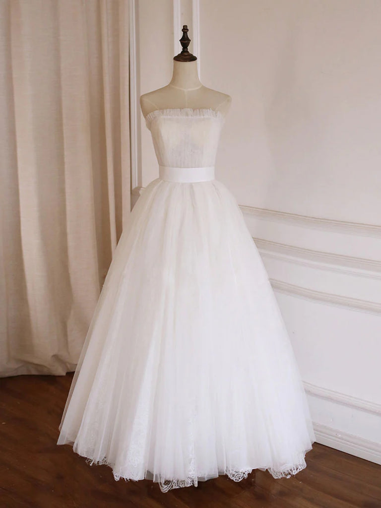 A Line Strapless White Tulle Long Prom Dresses, Long White Formal Graduation Evening Dresses SP2791