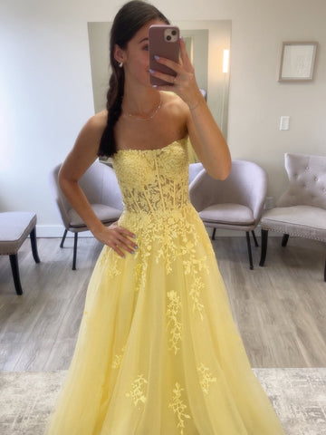 A Line Strapless Yellow Lace Long Prom Dresses, Yellow Lace Formal Dresses, Yellow Evening Dresses SP3311