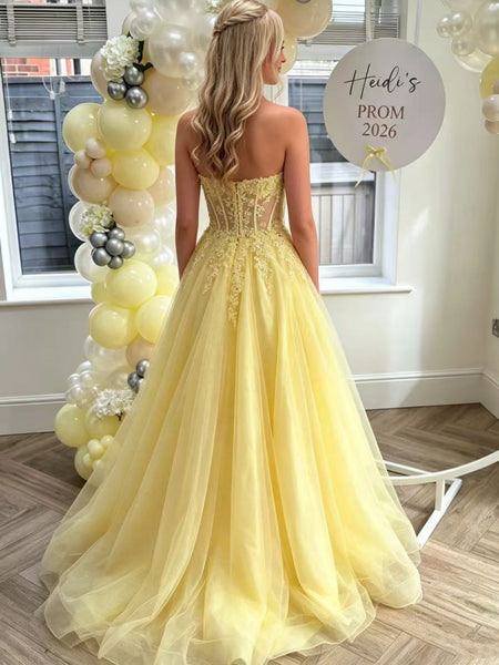 A Line Strapless Yellow Lace Long Prom Dresses, Yellow Lace Formal Dresses, Yellow Tulle Evening Dresses SP3492