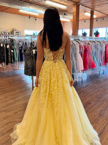 A Line Strapless Yellow Lace Long Prom Dresses, Yellow Lace Formal Graduation Evening Dresses SP2127