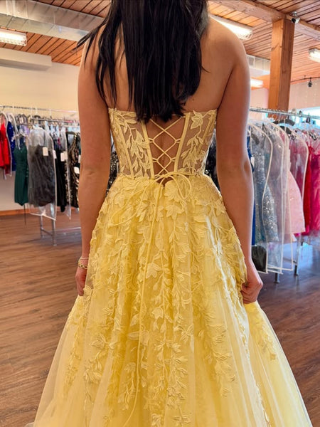 A Line Strapless Yellow Lace Long Prom Dresses, Yellow Lace Formal Graduation Evening Dresses SP2127