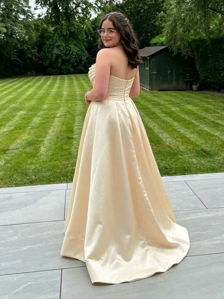 A Line Strapless Yellow Satin Long Prom Dresses, Yellow Formal Graduation Evening Dresses SP3500