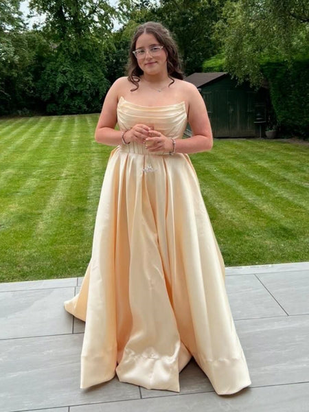 A Line Strapless Yellow Satin Long Prom Dresses, Yellow Formal Graduation Evening Dresses SP3500