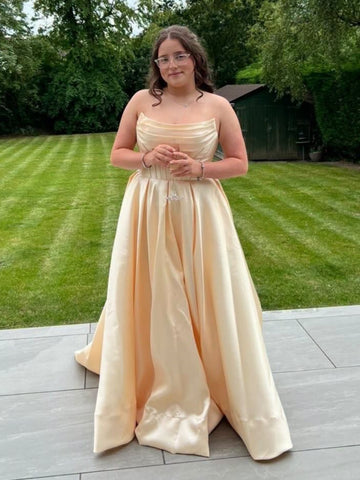 A Line Strapless Yellow Satin Long Prom Dresses, Yellow Formal Graduation Evening Dresses SP3500