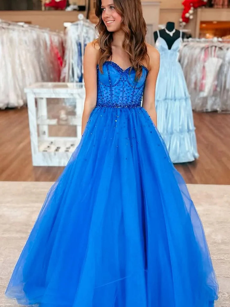 A Line Sweetheart Neck Beaded Blue Tulle Long Prom Dresses, Long Blue