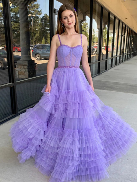 A Line Sweetheart Neck Beaded Straps Lilac/Black Long Prom Dresses, Lilac/Black Layered Tulle Formal Evening Dresses SP2979