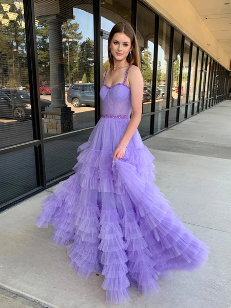 A Line Sweetheart Neck Beaded Straps Lilac/Black Long Prom Dresses, Lilac/Black Layered Tulle Formal Evening Dresses SP2979