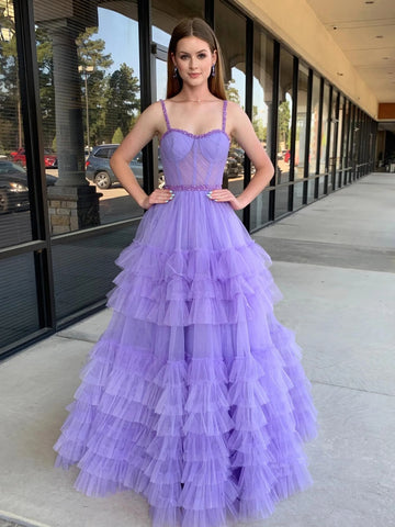 A Line Sweetheart Neck Beaded Straps Lilac/Black Long Prom Dresses, Lilac/Black Layered Tulle Formal Evening Dresses SP2979