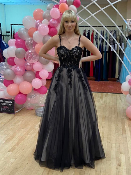 A Line Sweetheart Neck Black Lace Long Prom Dresses, Black Lace Formal Dresses, Black Evening Dresses SP3348