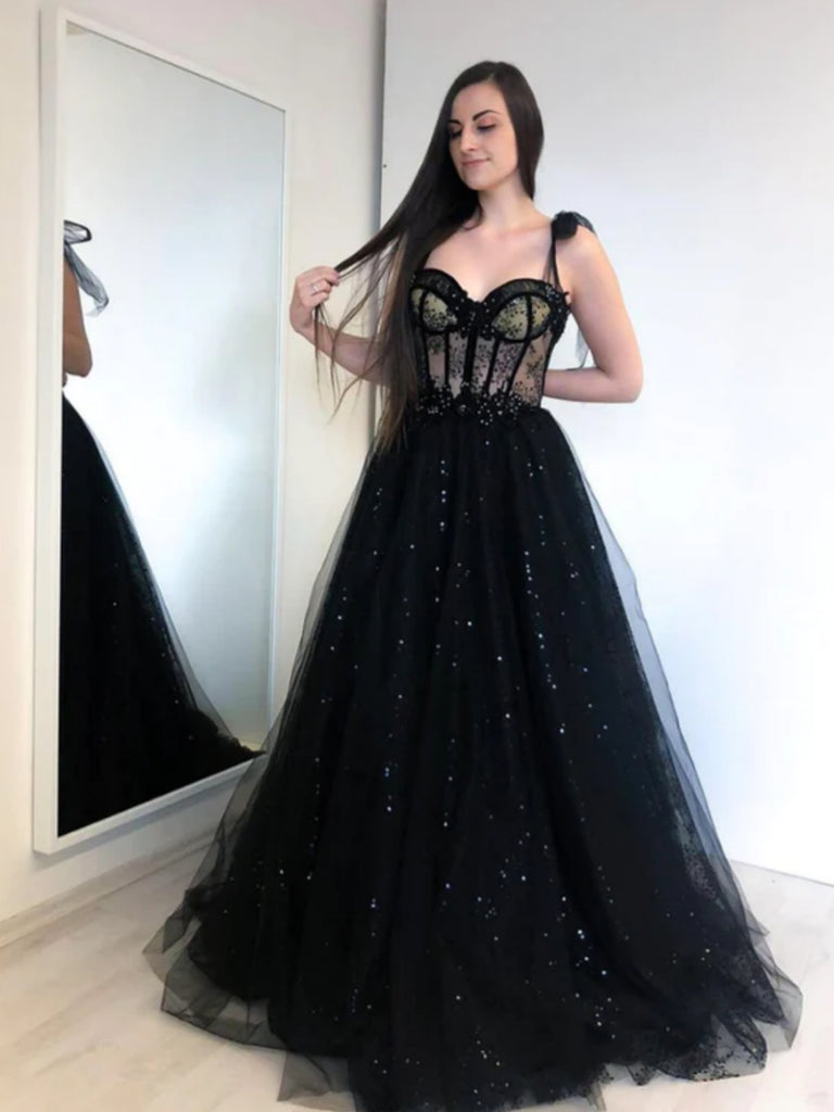 A Line Sweetheart Neck Black Tulle Long Prom Dresses, Long Black Forma