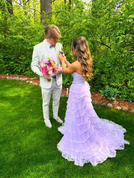 A Line Sweetheart Neck High Slit Lilac Lace Long Prom Dresses, Lilac Lace Formal Graduation Evening Dresses SP3112