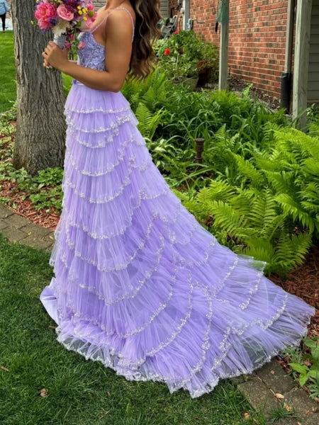 A Line Sweetheart Neck High Slit Lilac Lace Long Prom Dresses, Lilac Lace Formal Graduation Evening Dresses SP3112