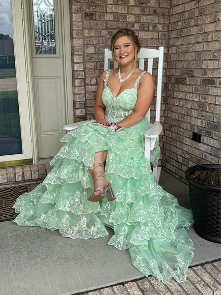 A Line Sweetheart Neck Layered Mint Green Lace Long Prom Dresses with High Slit, Mint Green Lace Formal Graduation Evening Dresses SP3074