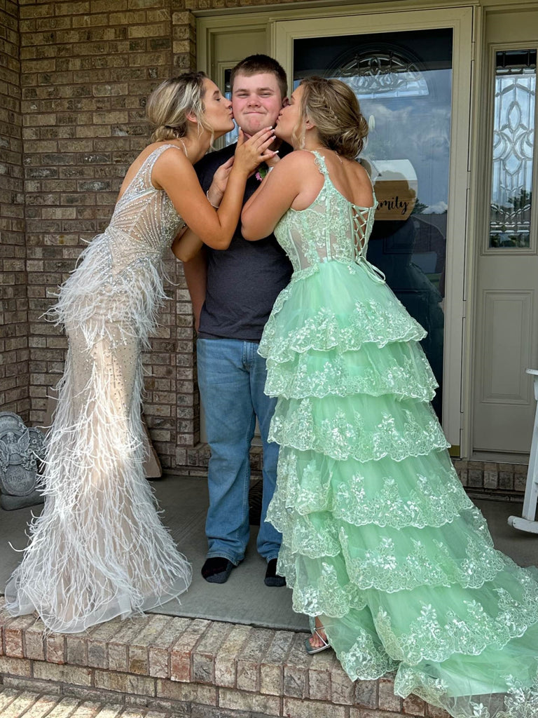 A Line Sweetheart Neck Layered Mint Green Lace Long Prom Dresses with Shiny Party A Line Sweetheart Neck Layered Mint Green Lace Long Prom Dresses with Shiny Party