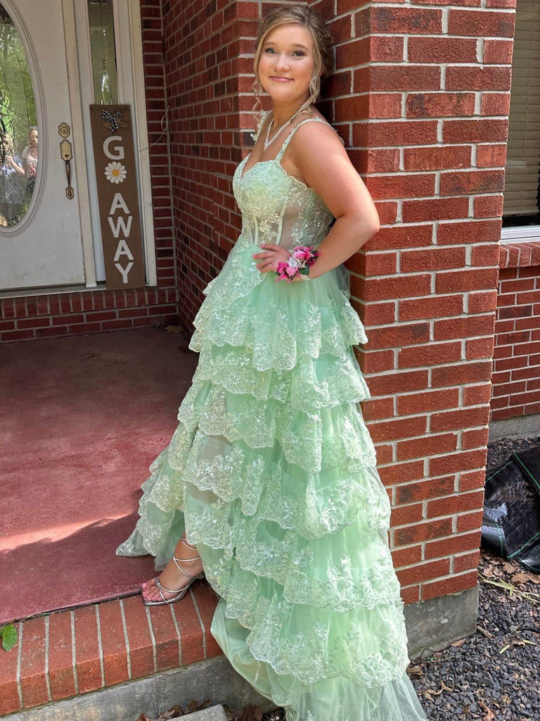 A Line Sweetheart Neck Layered Mint Green Lace Long Prom Dresses with High Slit, Mint Green Lace Formal Graduation Evening Dresses SP3074 A Line Sweetheart Neck Layered Mint Green Lace Long Prom Dresses with High Slit, Mint Green Lace Formal Graduation Evening Dresses SP3074