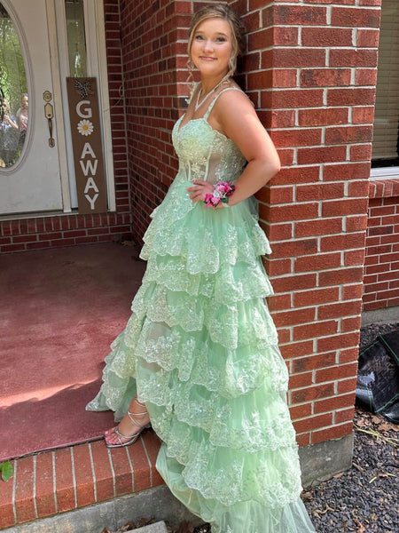 A Line Sweetheart Neck Layered Mint Green Lace Long Prom Dresses with High Slit, Mint Green Lace Formal Graduation Evening Dresses SP3074