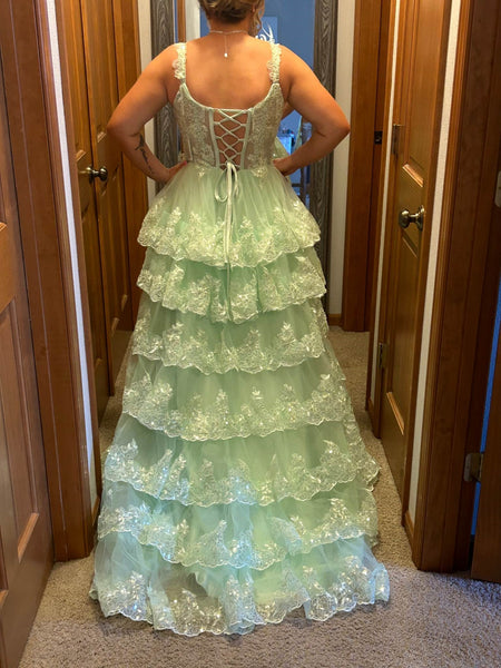 A Line Sweetheart Neck Layered Mint Green Lace Long Prom Dresses with High Slit, Mint Green Lace Formal Graduation Evening Dresses SP3074