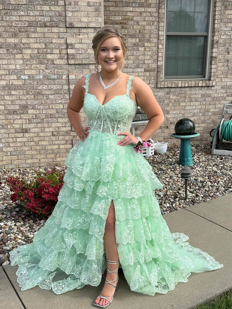 A Line Sweetheart Neck Layered Mint Green Lace Long Prom Dresses with High Slit, Mint Green Lace Formal Graduation Evening Dresses SP3074 A Line Sweetheart Neck Layered Mint Green Lace Long Prom Dresses with High Slit, Mint Green Lace Formal Graduation Evening Dresses SP3074