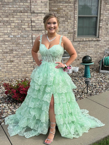 A Line Sweetheart Neck Layered Mint Green Lace Long Prom Dresses with High Slit, Mint Green Lace Formal Graduation Evening Dresses SP3074