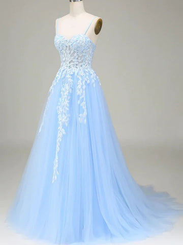 A Line Sweetheart Neck Light Blue Lace Long Prom Dresses, Light Blue Tulle Formal Dresses, Lace Evening Dresses SP2949