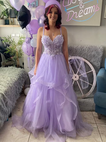 A Line Sweetheart Neck Purple Lace Long Prom Dresses, Purple Lace Formal Dresses, Purple Evening Dresses SP3297