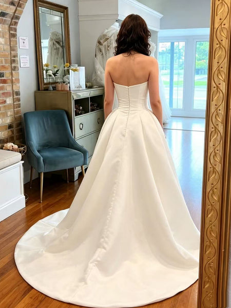 A Line Sweetheart Neck Strapless White Satin Long Prom Dresses, White Satin Long Wedding Dresses SP3488