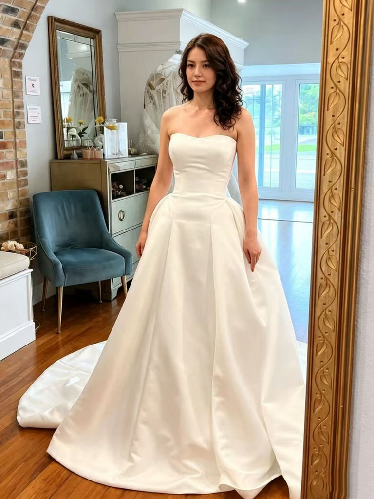 A Line Sweetheart Neck Strapless White Satin Long Prom Dresses, White Satin Long Wedding Dresses SP3488