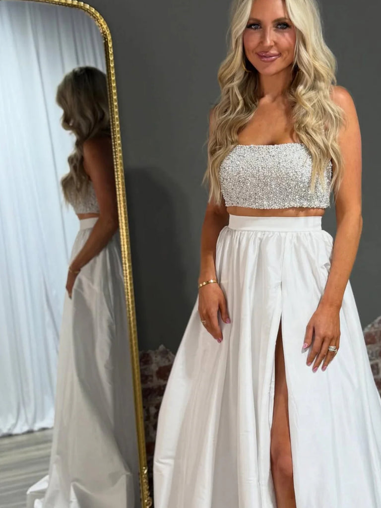 A Line Two Pieces White Long Prom Dresses with High Slit, White Formal Shiny Party A Line Two Pieces White Long Prom Dresses with High Slit, White Formal Shiny Party