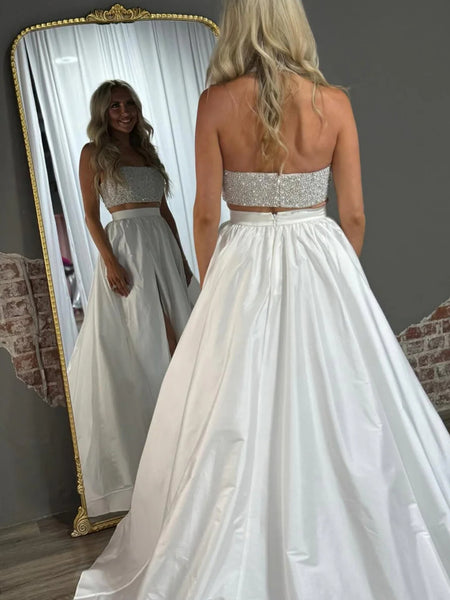 A Line Two Pieces White Long Prom Dresses with High Slit, White Formal Graduation Evening Dresses with Sequins SP3244