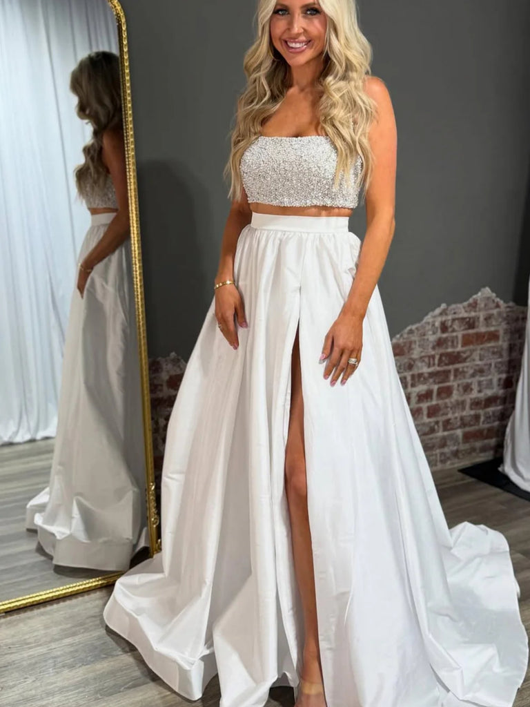 A Line Two Pieces White Long Prom Dresses with High Slit, White Formal Shiny Party A Line Two Pieces White Long Prom Dresses with High Slit, White Formal Shiny Party