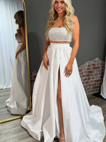A Line Two Pieces White Long Prom Dresses with High Slit, White Formal Graduation Evening Dresses with Sequins SP3244
