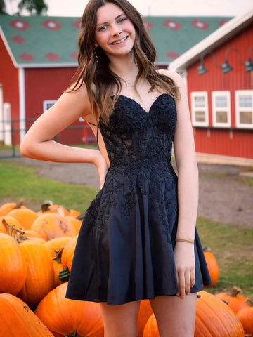 A Line V Neck Backless Black/Blue Lace Short Prom Dresses, Black/Blue Lace Homecoming Dresses, Black/Blue Formal Graduation Evening Dresses SP3253