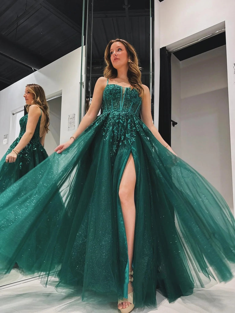A Line V Neck Backless Green Lace Long Prom Dresses with High Slit, Gr Shiny Party A Line V Neck Backless Green Lace Long Prom Dresses with High Slit, Gr Shiny Party