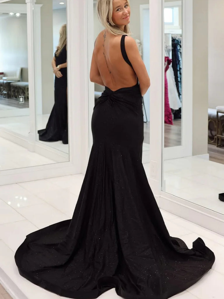 A Line V Neck Backless High Slit Black Velvet Long Prom Dresses, Black Shiny Party A Line V Neck Backless High Slit Black Velvet Long Prom Dresses, Black Shiny Party