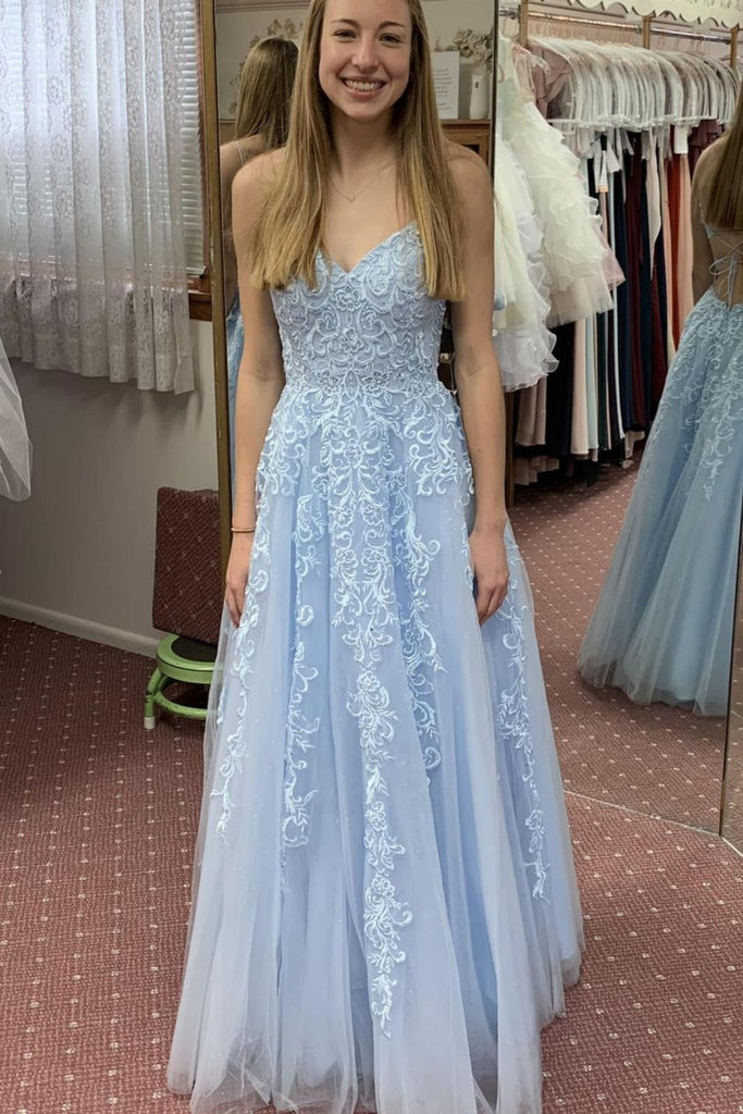 A Line V Neck Backless Light Blue Lace Long Prom Dresses, Light Blue L