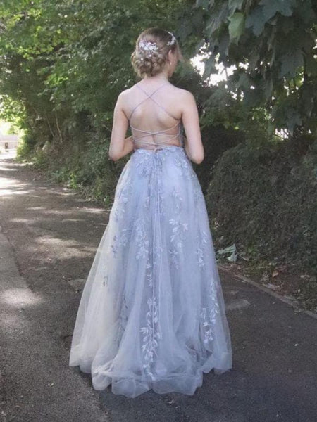 A Line V Neck Backless Light Blue Lace Long Prom Dresses, Light Blue Lace Formal Dresses, Light Blue Evening Dresses SP3425