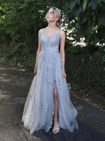 A Line V Neck Backless Light Blue Lace Long Prom Dresses, Light Blue Lace Formal Dresses, Light Blue Evening Dresses SP3425