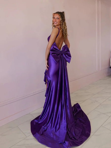 A Line V Neck Backless Mermaid Purple Satin Long Prom Dresses with High Slit, Mermaid Purple Formal Dresses, Purple Evening Dresses SP3236