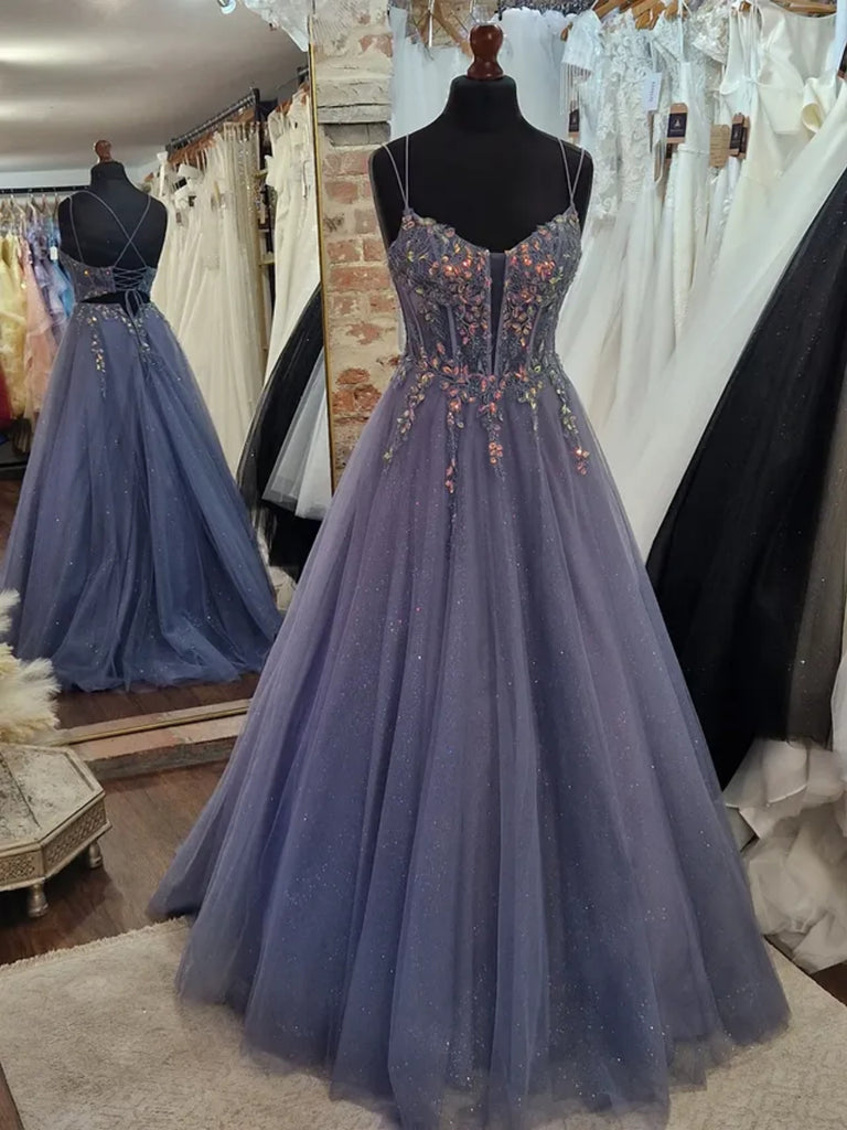 A Line V Neck Backless Purple Lace Long Prom Dresses, Purple Tulle Formal Dresses, Purple Evening Dresses SP3473