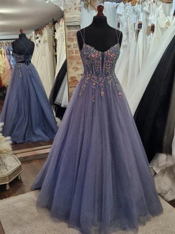 A Line V Neck Backless Purple Lace Long Prom Dresses, Purple Tulle Formal Dresses, Purple Evening Dresses SP3473