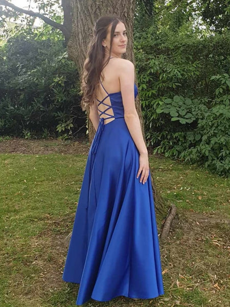 A Line V Neck Backless Royal Blue Long Prom Dresses, Backless Royal Blue Formal Dresses, Long Blue Evening Dresses SP2997