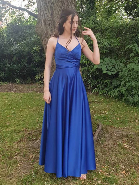 A Line V Neck Backless Royal Blue Long Prom Dresses, Backless Royal Blue Formal Dresses, Long Blue Evening Dresses SP2997