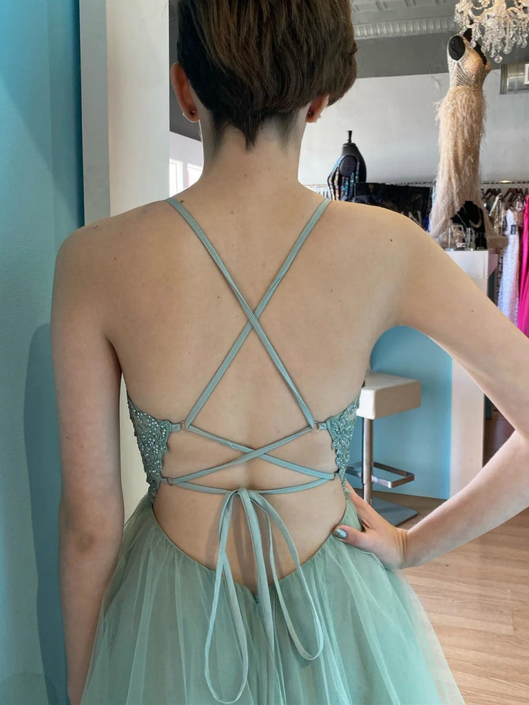 A Line V Neck Backless Sage Lace Long Prom Dresses, Sage Lace Formal D Shiny Party A Line V Neck Backless Sage Lace Long Prom Dresses, Sage Lace Formal D Shiny Party
