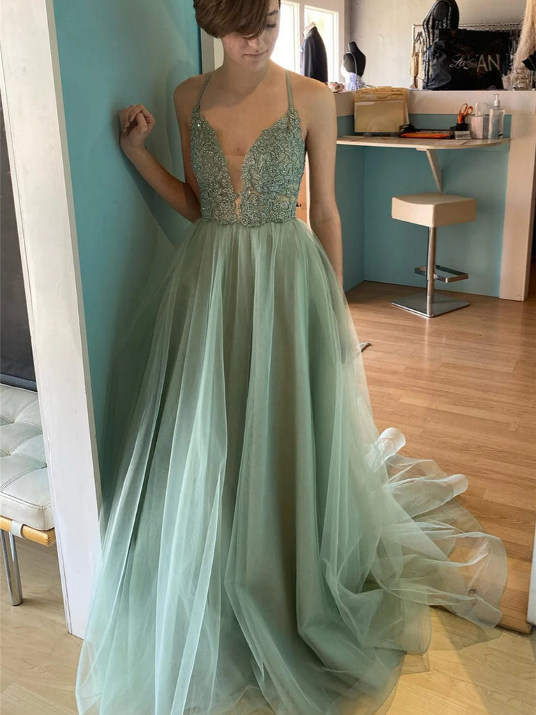 A Line V Neck Backless Sage Lace Long Prom Dresses, Sage Lace Formal D Shiny Party A Line V Neck Backless Sage Lace Long Prom Dresses, Sage Lace Formal D Shiny Party