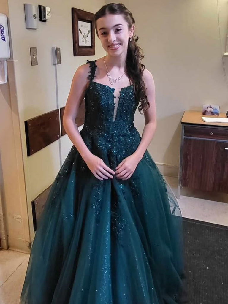 A Line V Neck Beaded Dark Green Lace Long Prom Dresses, Dark Green Tulle Formal Graduation Evening Dresses SP3366